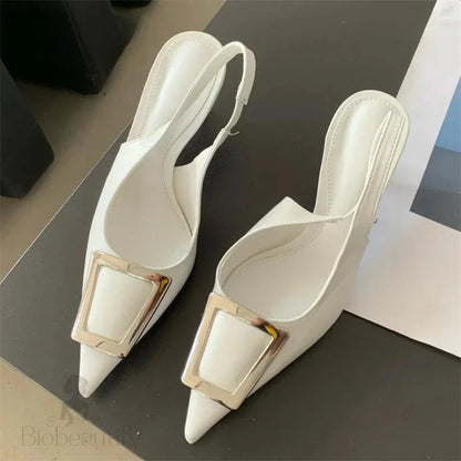 Fashion Square Buckle Slip On Slingback Pointed Toe Dress Shoes White / 37