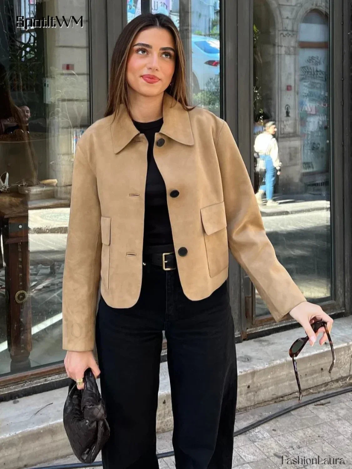 Fashion Suede Leather Long Sleeve Cropped Jacket Women Casual Overcoats