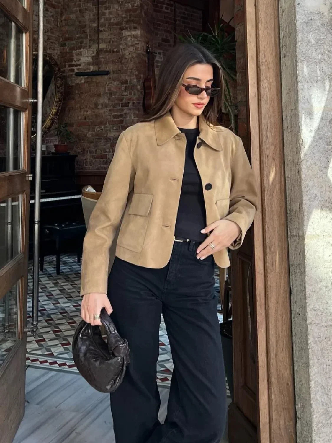 Fashion Suede Leather Long Sleeve Cropped Jacket Women Casual Overcoats