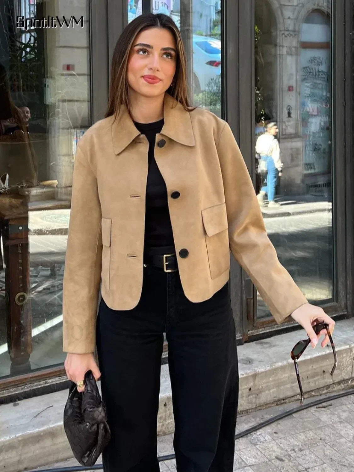 Fashion Suede Leather Long Sleeve Cropped Jacket Women Casual Overcoats