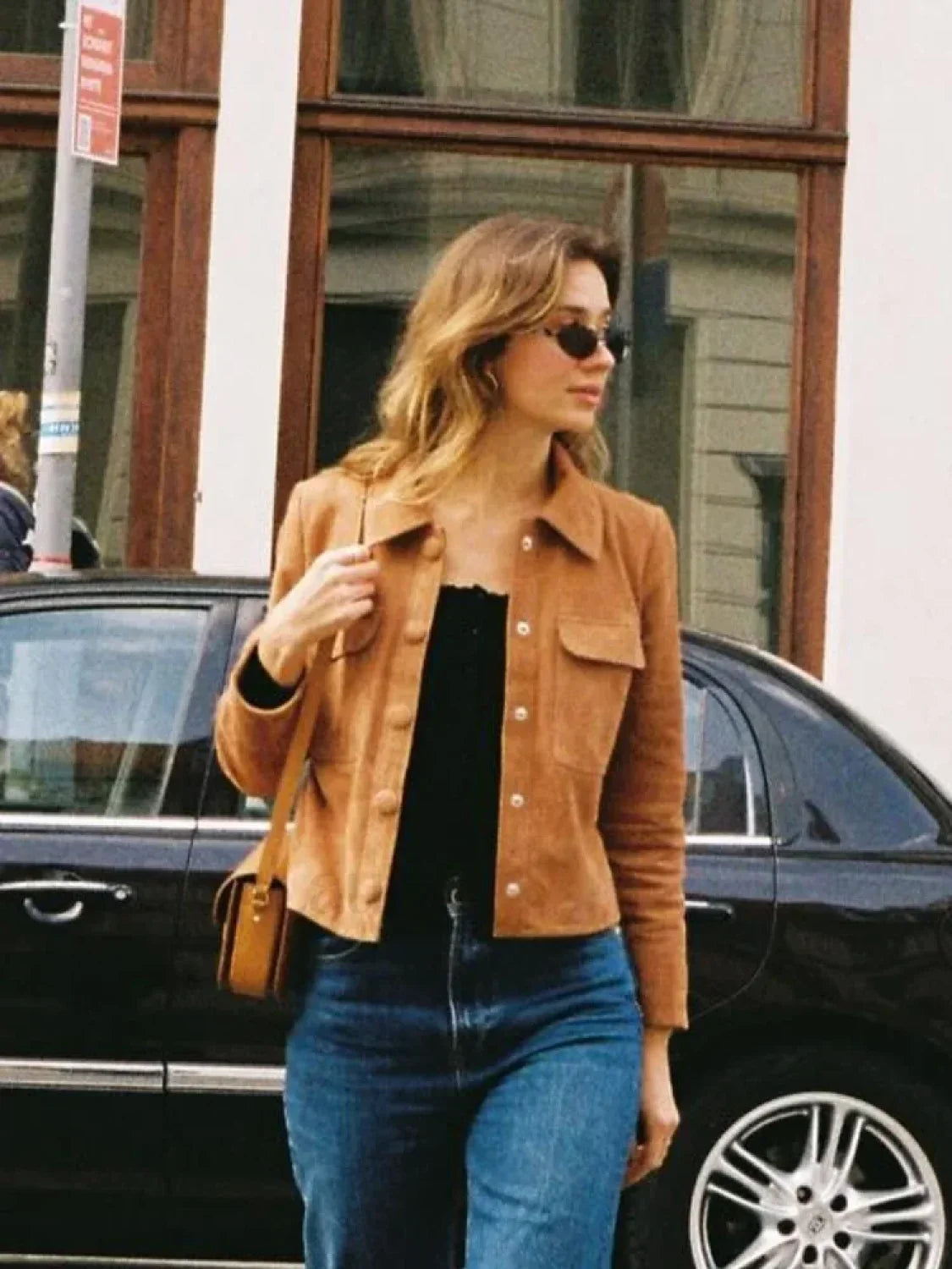 Fashion Suede Leather Long Sleeve Cropped Jacket Women Casual Overcoats Brown / S