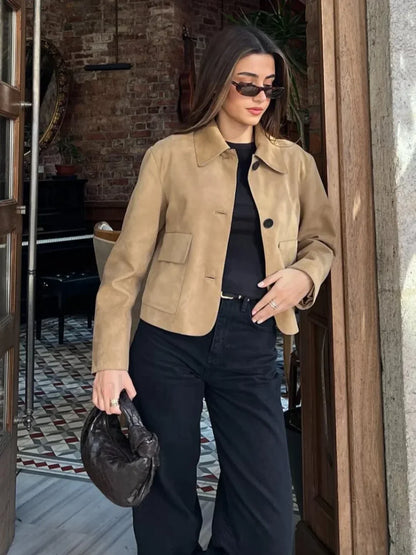 Fashion Suede Leather Long Sleeve Cropped Jacket Women Casual Overcoats Khaki / S
