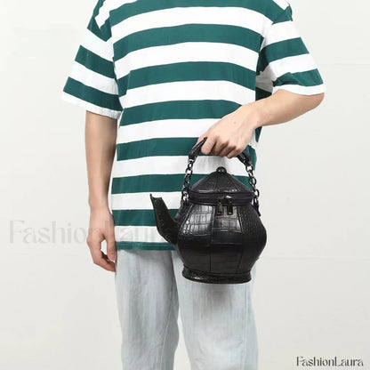 Fashion Teapot Shaped Stone Pattern Leather Gothic Personalized Bag Black