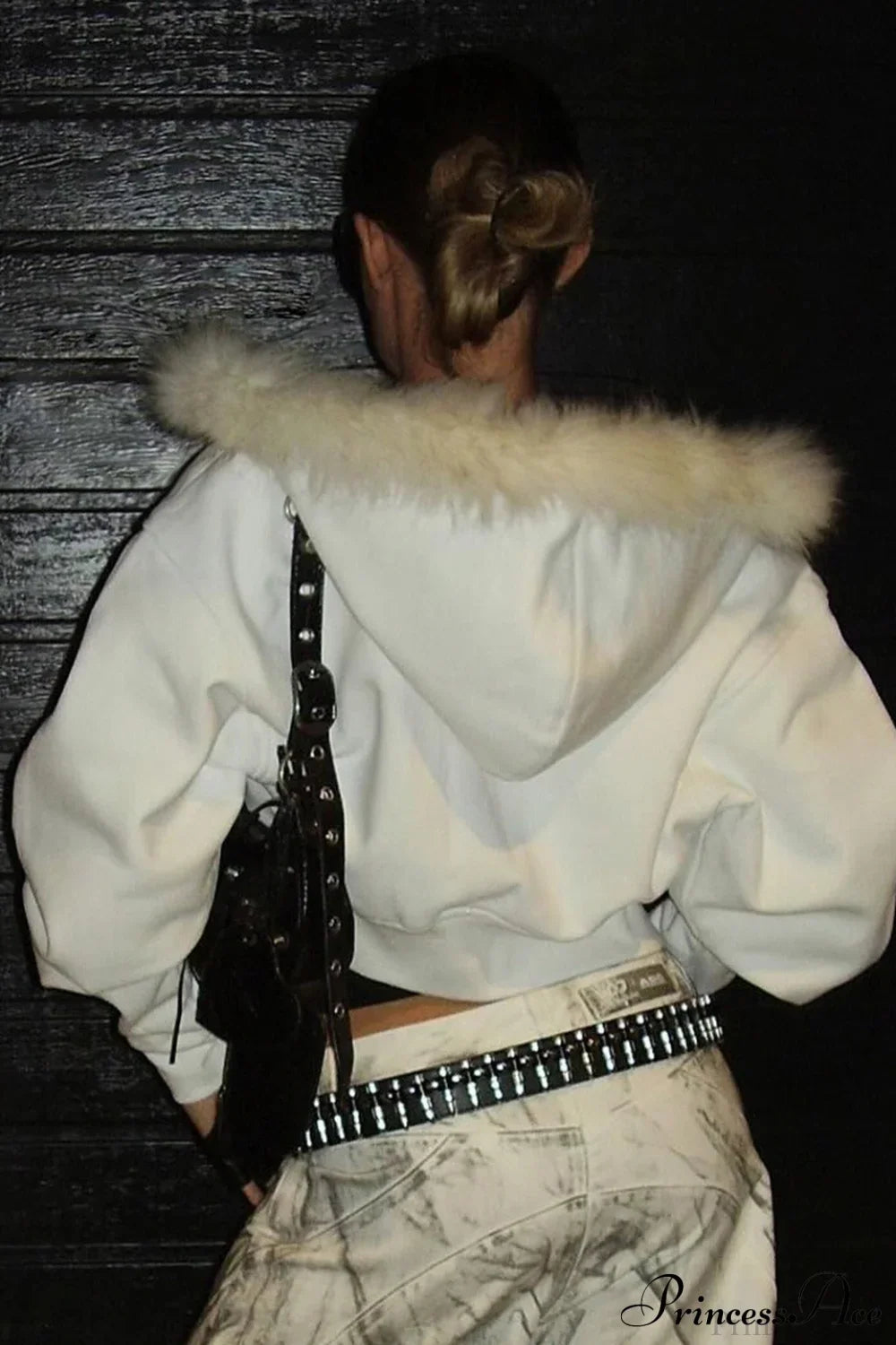 Faux Fur Collar High-Waist Cropped Fleece Hoodie