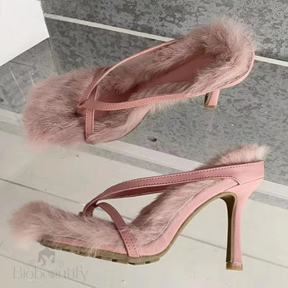 Faux Fur Slipper High Heels Sandals For Fall Street Style Females