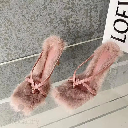 Faux Fur Slipper High Heels Sandals For Fall Street Style Females