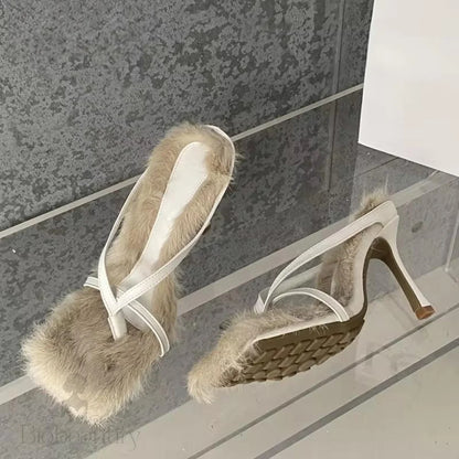 Faux Fur Slipper High Heels Sandals For Fall Street Style Females