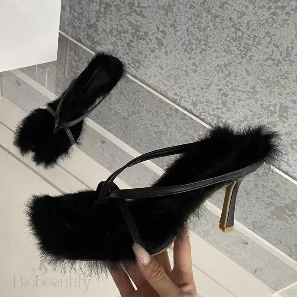 Faux Fur Slipper High Heels Sandals For Fall Street Style Females Black / 40