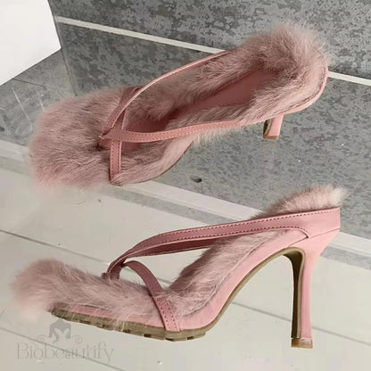 Faux Fur Slipper High Heels Sandals For Fall Street Style Females Pink / 40