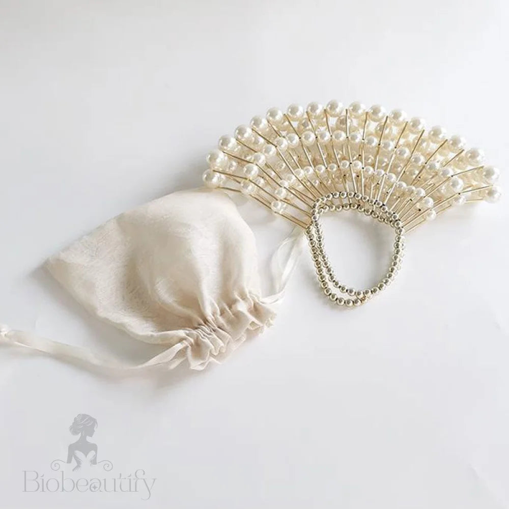 Faux Pearl Drawstring Pouch Top Handle Bag - Beige