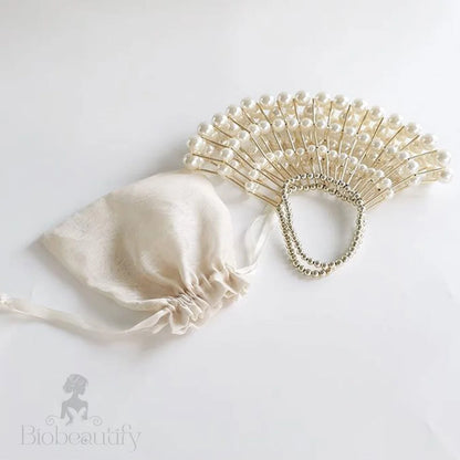 Faux Pearl Drawstring Pouch Top Handle Bag - Beige