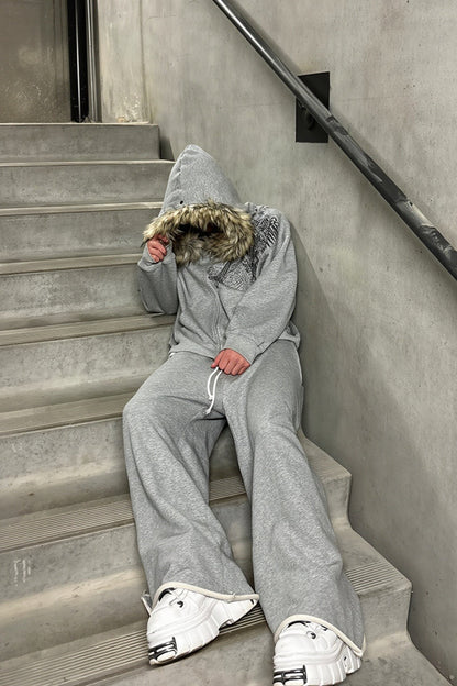 Faux Fur Hood Graphic Oversized Pullover Hoodie