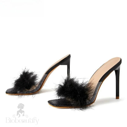 Feather Thin Heels Fur Pvc Slippers Sandals For Women