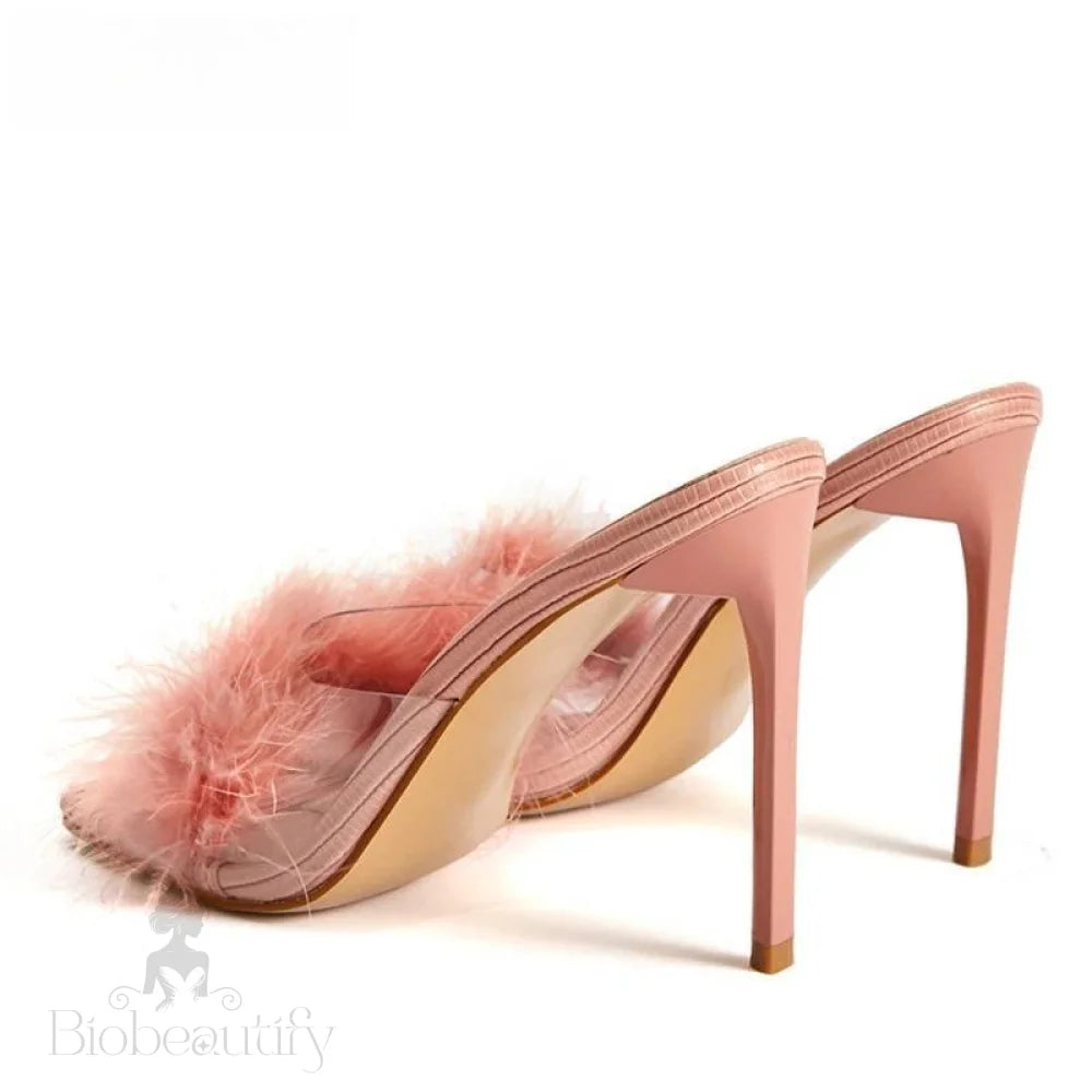 Feather Thin Heels Fur Pvc Slippers Sandals For Women