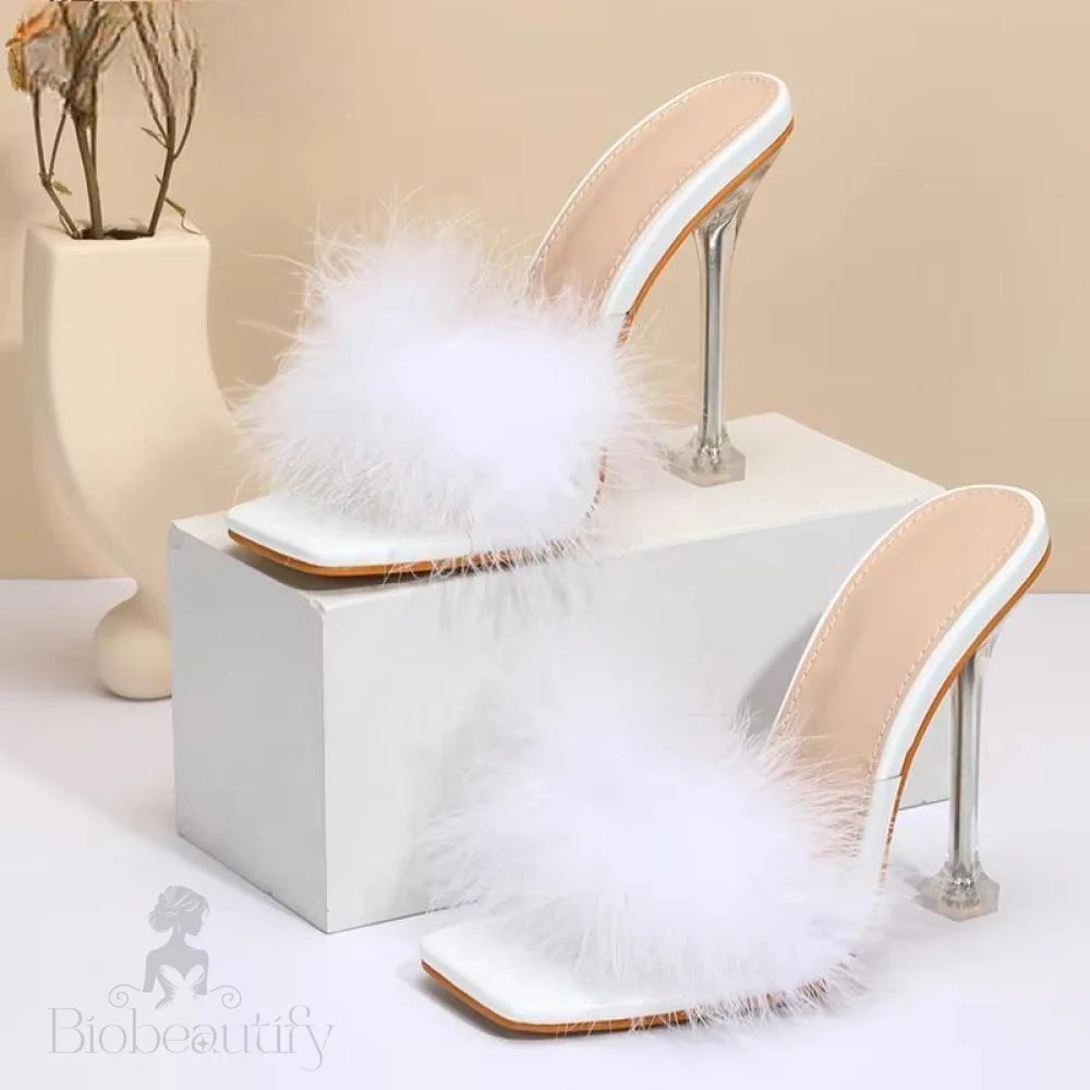 Feather Transparent High Heel Pvc Shoes Slippers For Women With Fur Pumps