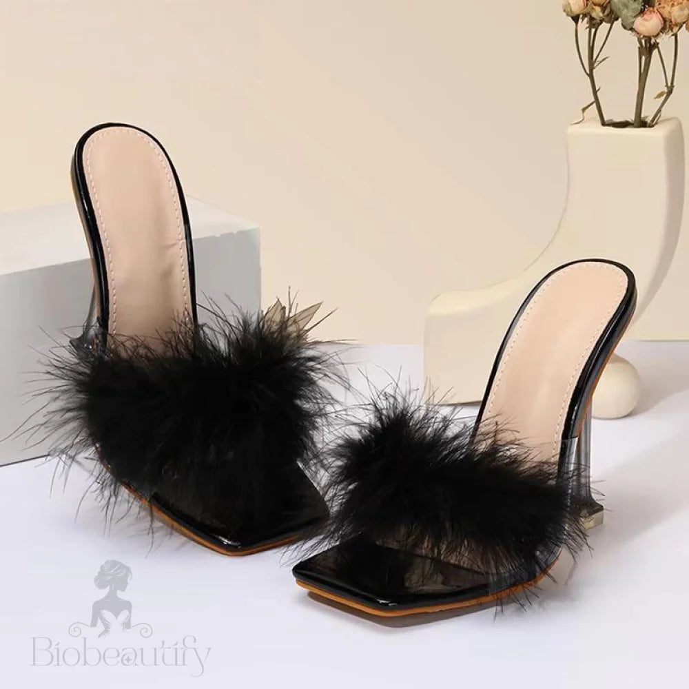 Feather Transparent High Heel Pvc Shoes Slippers For Women With Fur Pumps