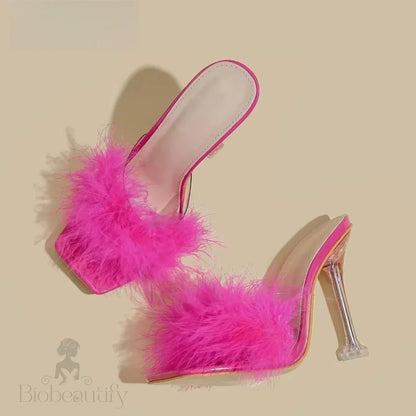 Feather Transparent High Heel Pvc Shoes Slippers For Women With Fur Pumps Mei Red / 38