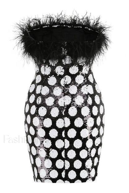 Feather Trim Polka Charming Dot Sequin Dress