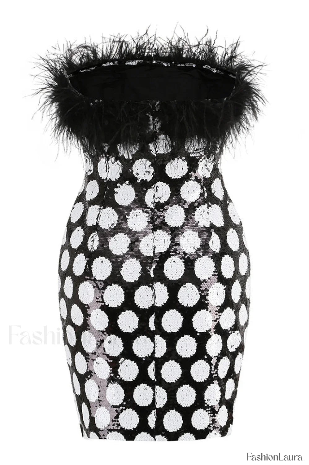 Feather Trim Polka Charming Dot Sequin Dress
