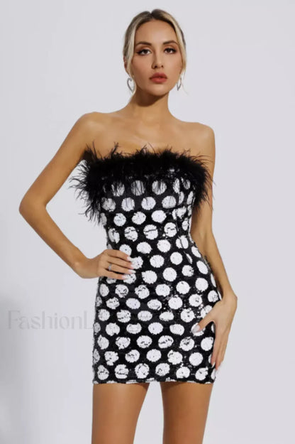 Feather Trim Polka Charming Dot Sequin Dress