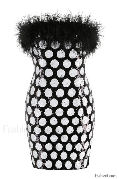 Feather Trim Polka Charming Dot Sequin Dress XS / Black