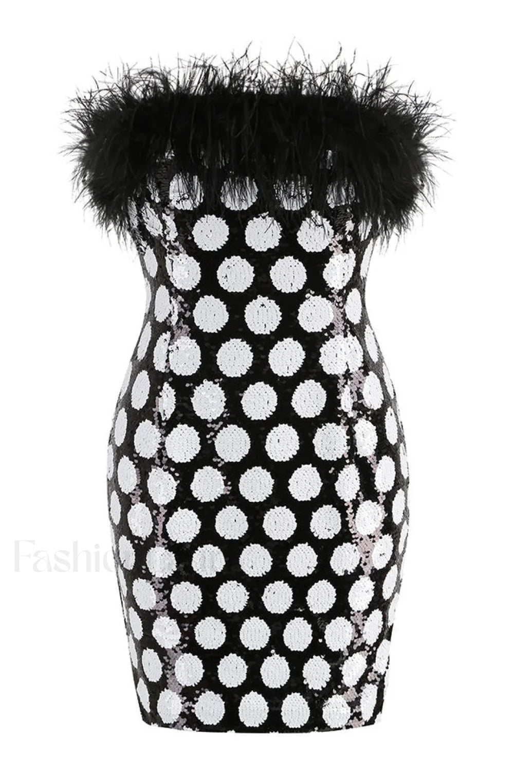 Feather Trim Polka Charming Dot Sequin Dress XS / Black