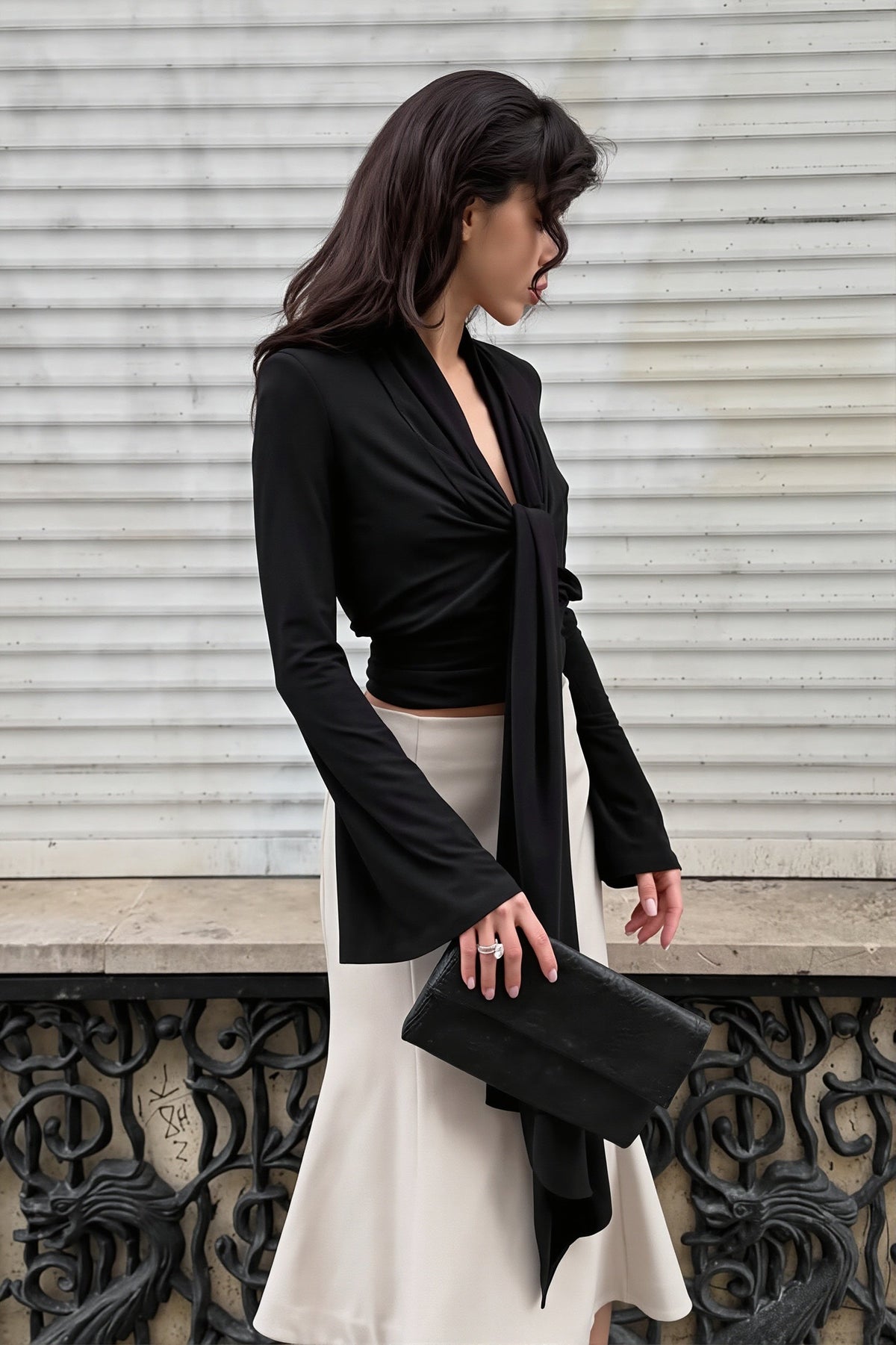Tie Front Deep V Neck Blouse