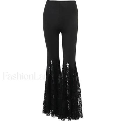 Flared Black Lace Pants for Halloween Events Black / S