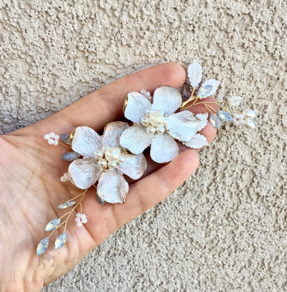 Fleur Gold Pearl Opal Bridal Hair Clip