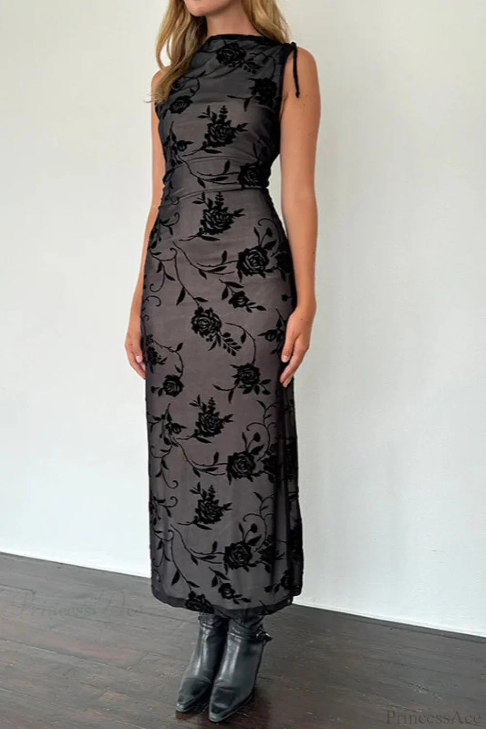 Flocked Mesh Sleeveless Bodycon Maxi Dress