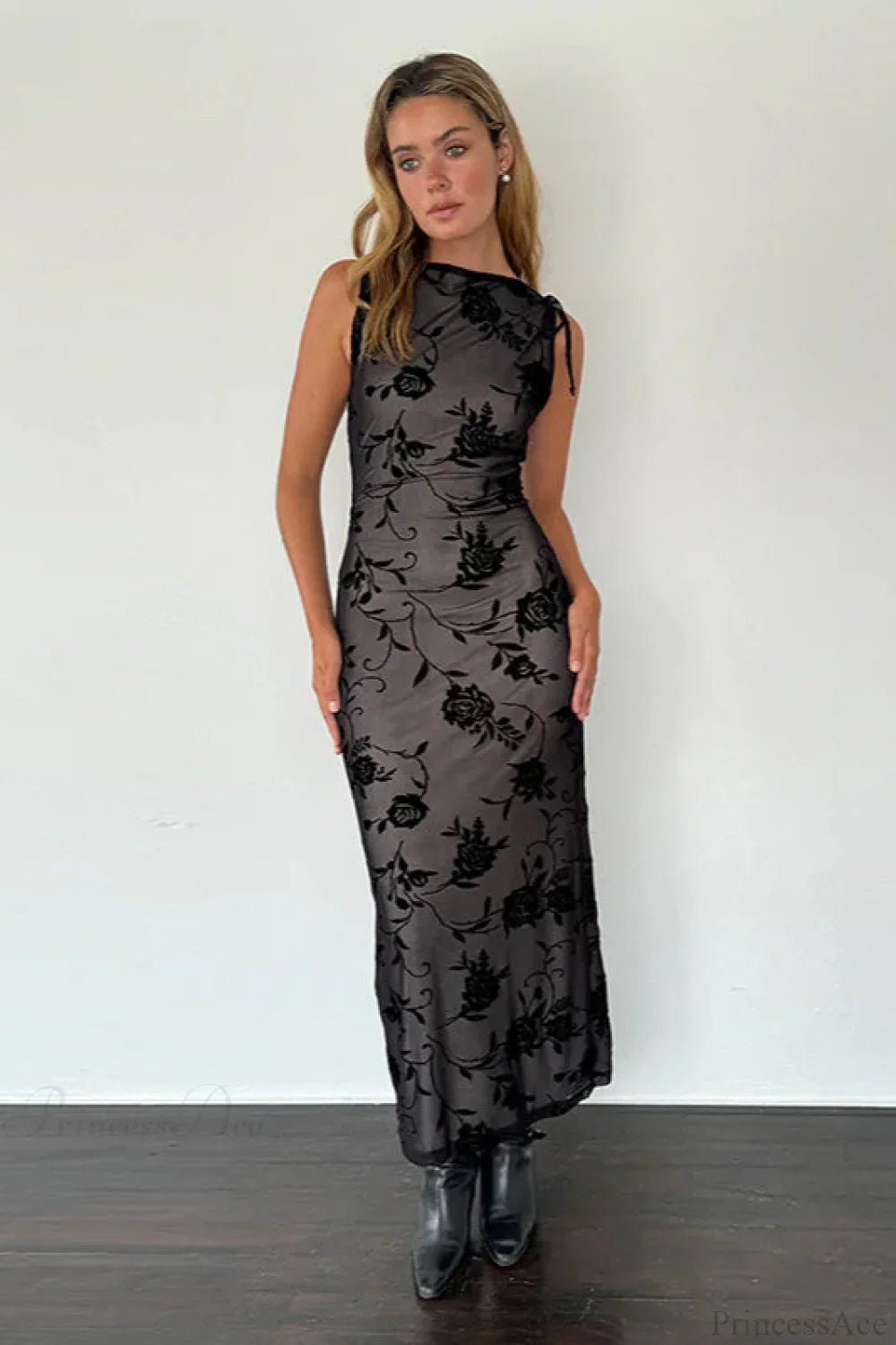 Flocked Mesh Sleeveless Bodycon Maxi Dress