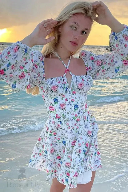 Floral Lantern Sleeve Mini Dress