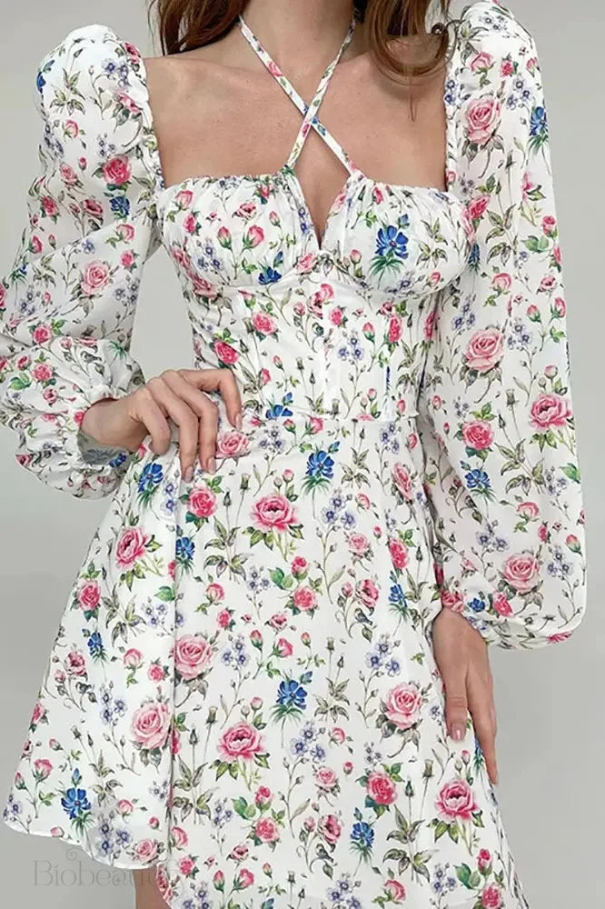 Floral Lantern Sleeve Mini Dress