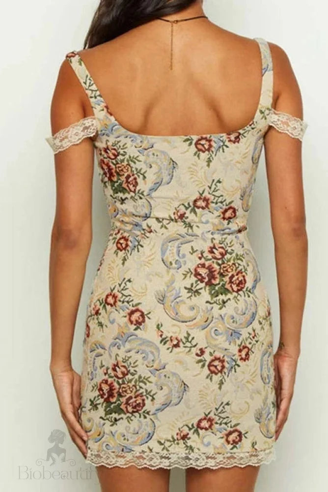 Floral Print Lace Sleeveless Backless Mini Dress