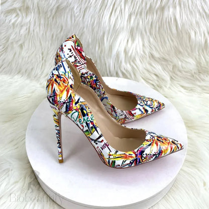 Floral Print V-Cut Pointy Toe High Heel Shoes For Women