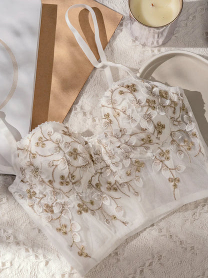 Floral Semi Sheer Mesh Lace Crop Corset Top Off White / XS Corset