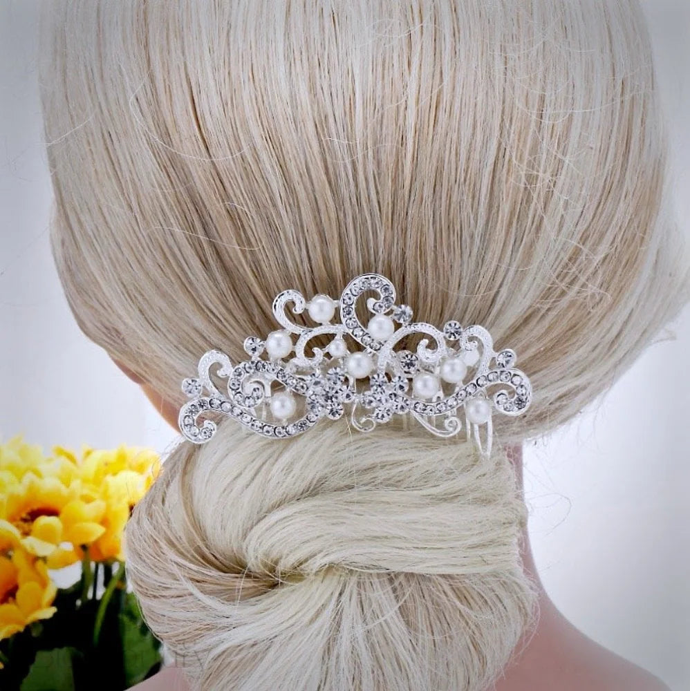 Florence Pearl And Crystal Bridal Hair Comb In Silver Gold