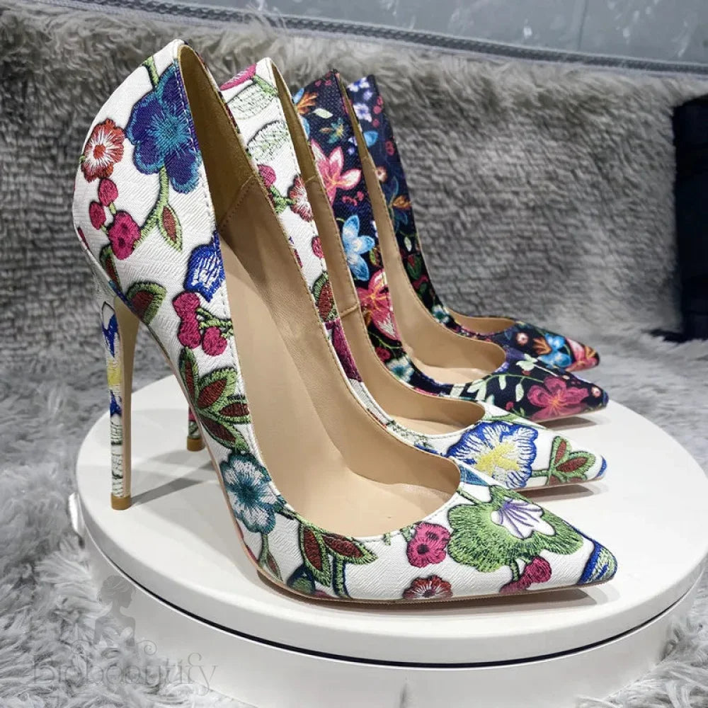 Flowers Printed Women Pointy Toe High Heel Party Dress Shoes