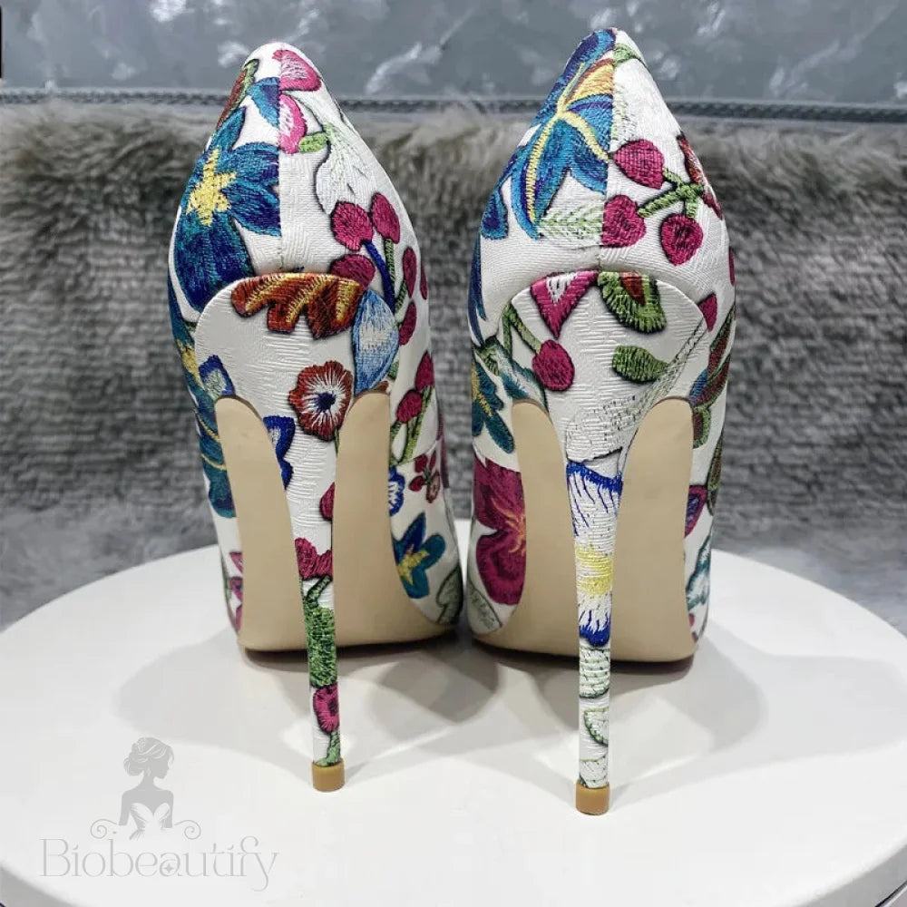 Flowers Printed Women Pointy Toe High Heel Party Dress Shoes