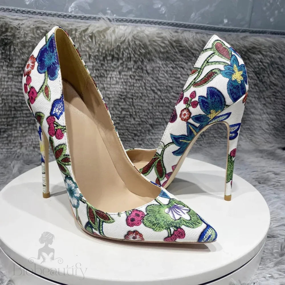 Flowers Printed Women Pointy Toe High Heel Party Dress Shoes