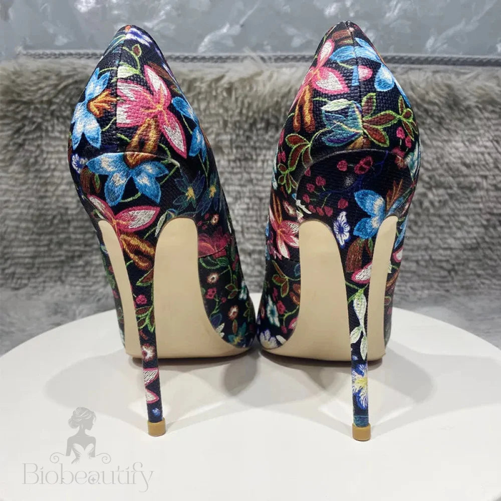 Flowers Printed Women Pointy Toe High Heel Party Dress Shoes