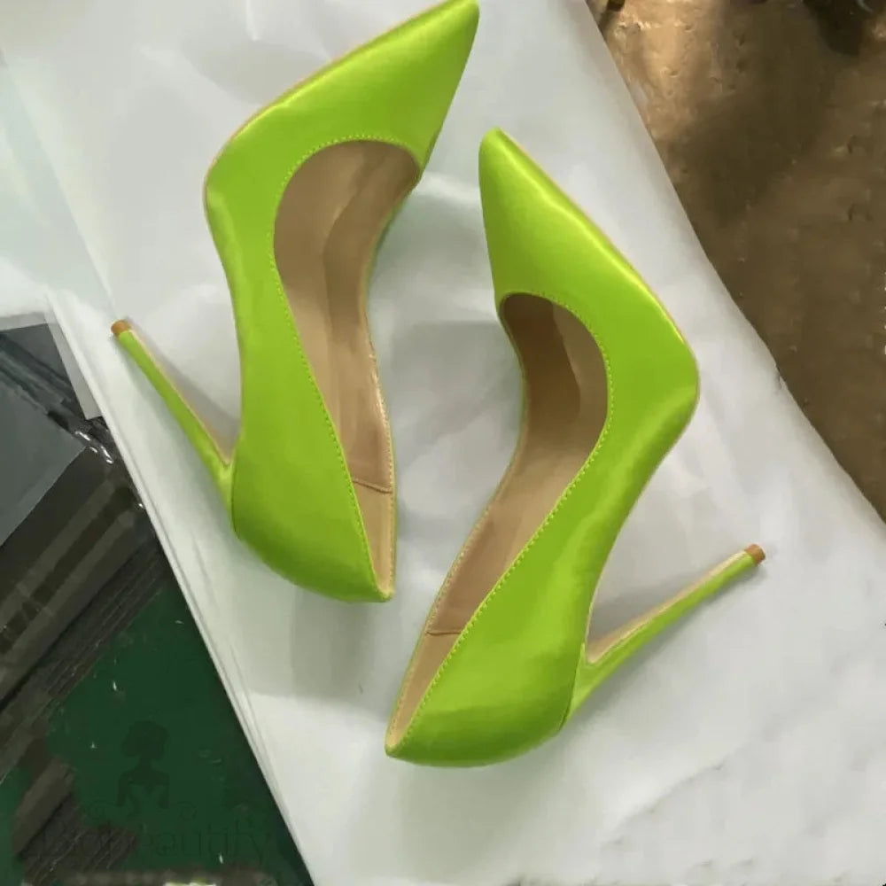 Fluo Green Women Satin Pointy Toe High Heel Shoes - 8Cm 10Cm 12Cm