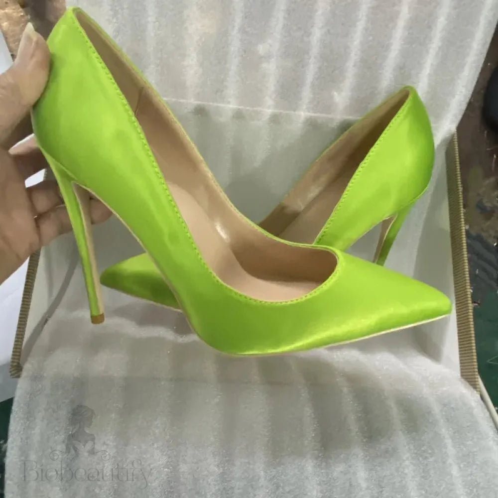 Fluo Green Women Satin Pointy Toe High Heel Shoes - 8Cm 10Cm 12Cm