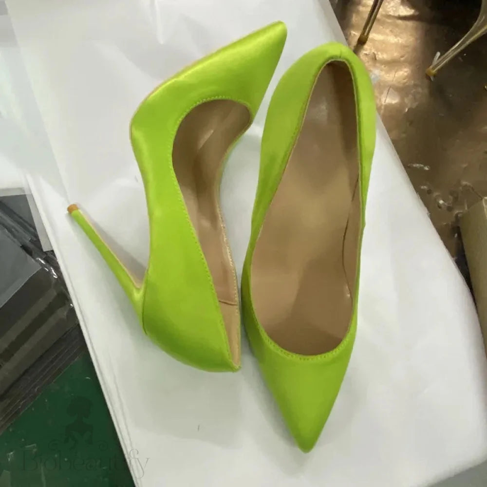 Fluo Green Women Satin Pointy Toe High Heel Shoes - 8Cm 10Cm 12Cm