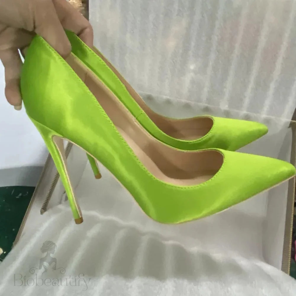 Fluo Green Women Satin Pointy Toe High Heel Shoes - 8Cm 10Cm 12Cm