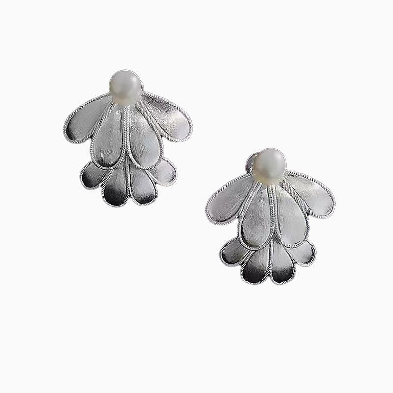 Full Blossom Pearl Layered Petal Stud Earrings Silver / One Size
