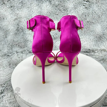 Fuchsia Slik Satin Ankle Strap Open Toe High Heel Sandals For Women