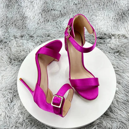 Fuchsia Slik Satin Ankle Strap Open Toe High Heel Sandals For Women