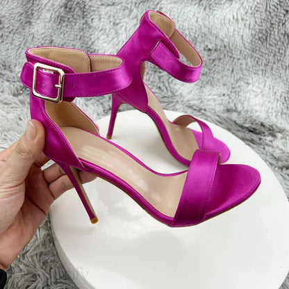 Fuchsia Slik Satin Ankle Strap Open Toe High Heel Sandals For Women