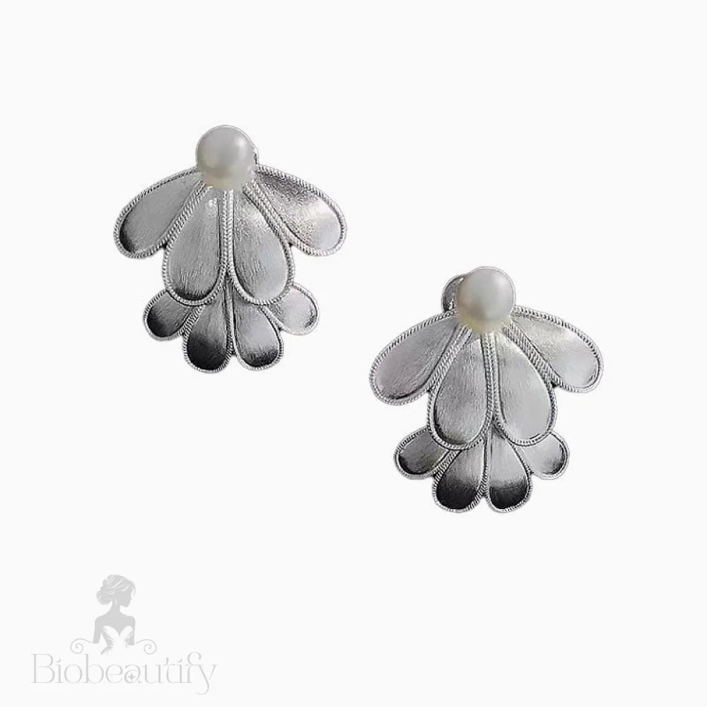 Full Blossom Pearl Layered Petal Stud Earrings Silver / One Size